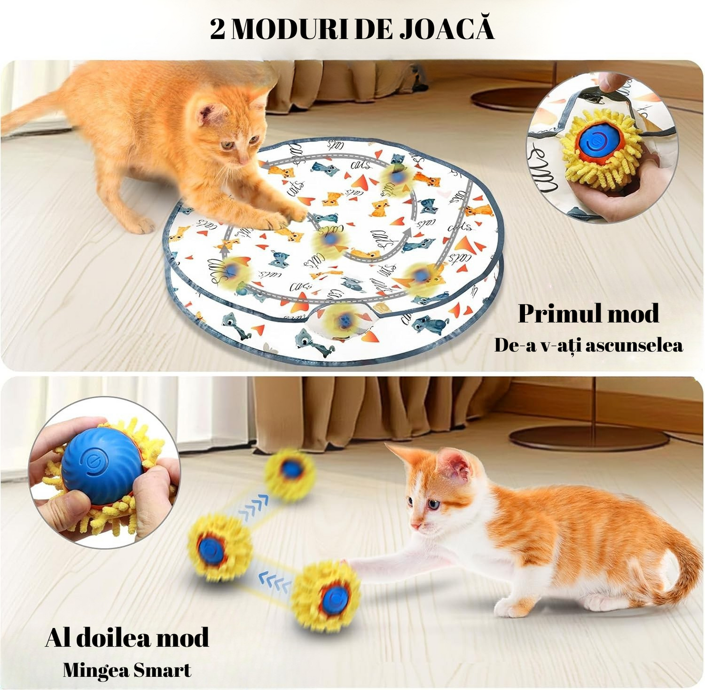 Jucărie interactivă 2 în 1 pentru pisici de interior, cu minge smart și covoraș de vânătoare 70 cm. Type-C, 2 moduri de joacă, ideală împotriva plictiselii.