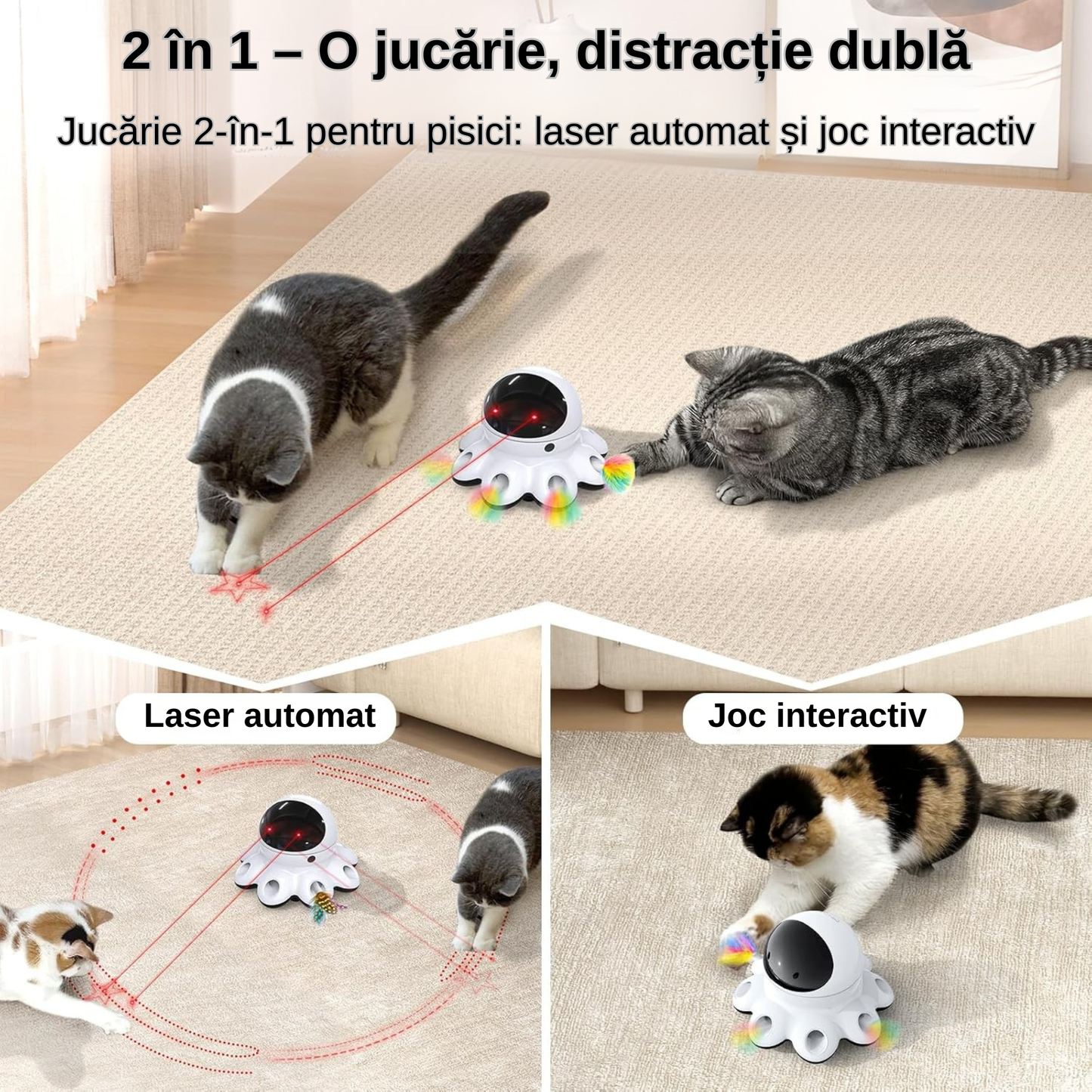 Jucărie Interactivă 2 în 1 pentru Pisici de Interior cu Laser Automat, Pene, Senzor Inteligent, USB‑C Reîncărcabilă, 1000 mAh