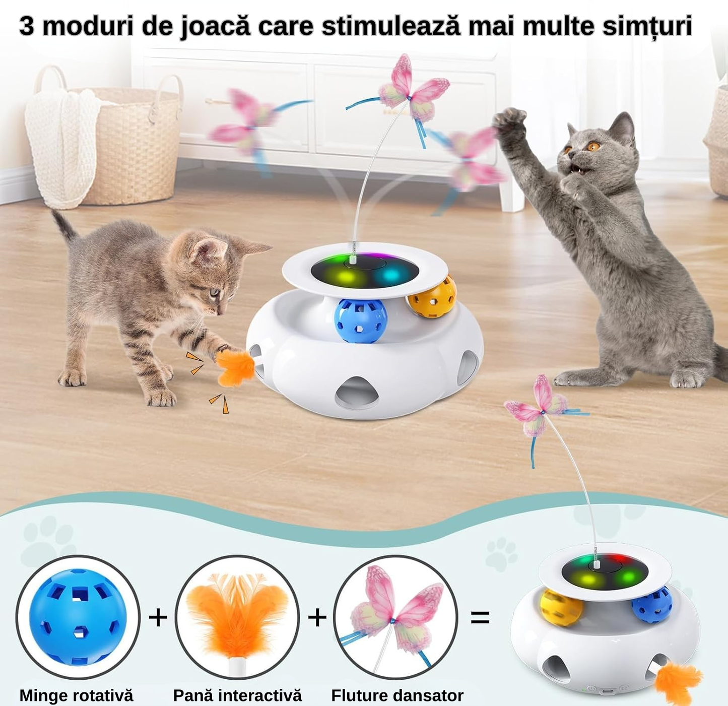 Jucărie Interactivă 3 în 1 pentru Pisici de Interior, cu Fluture Rotativ, Pană Surpriză și Mingi, Senzor Tactil, USB Reîncărcabilă, 1200 mAh