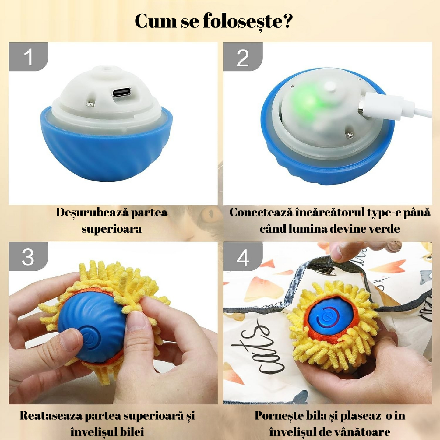 Jucărie interactivă 2 în 1 pentru pisici de interior, cu minge smart și covoraș de vânătoare 70 cm. Type-C, 2 moduri de joacă, ideală împotriva plictiselii.