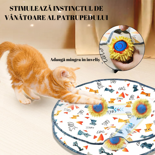 Jucărie interactivă 2 în 1 pentru pisici de interior, cu minge smart și covoraș de vânătoare 70 cm. Type-C, 2 moduri de joacă, ideală împotriva plictiselii.