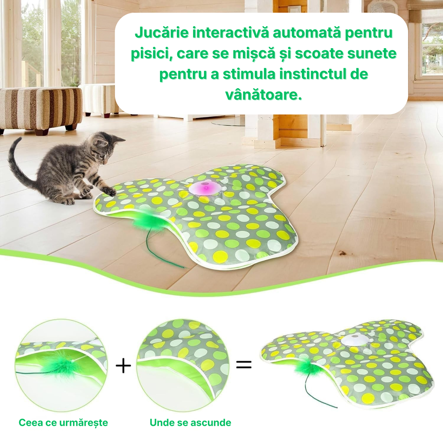 Jucărie Inteligentă pentru Pisici, Interactivă, 3 Moduri de Joacă, cu Sunet și Senzor de Mișcare, Smart, Reîncărcare USB, Atrage Atenția, Stimulază Instinctul Natural