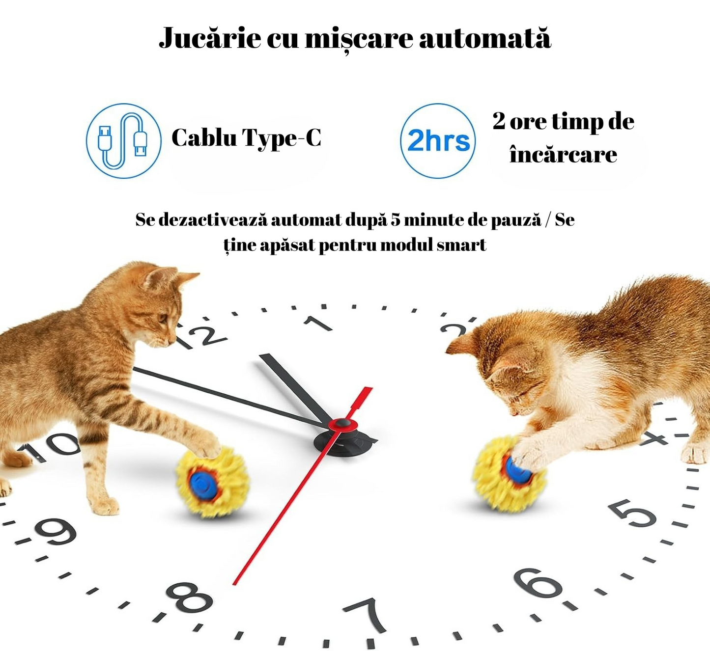Jucărie interactivă 2 în 1 pentru pisici de interior, cu minge smart și covoraș de vânătoare 70 cm. Type-C, 2 moduri de joacă, ideală împotriva plictiselii.