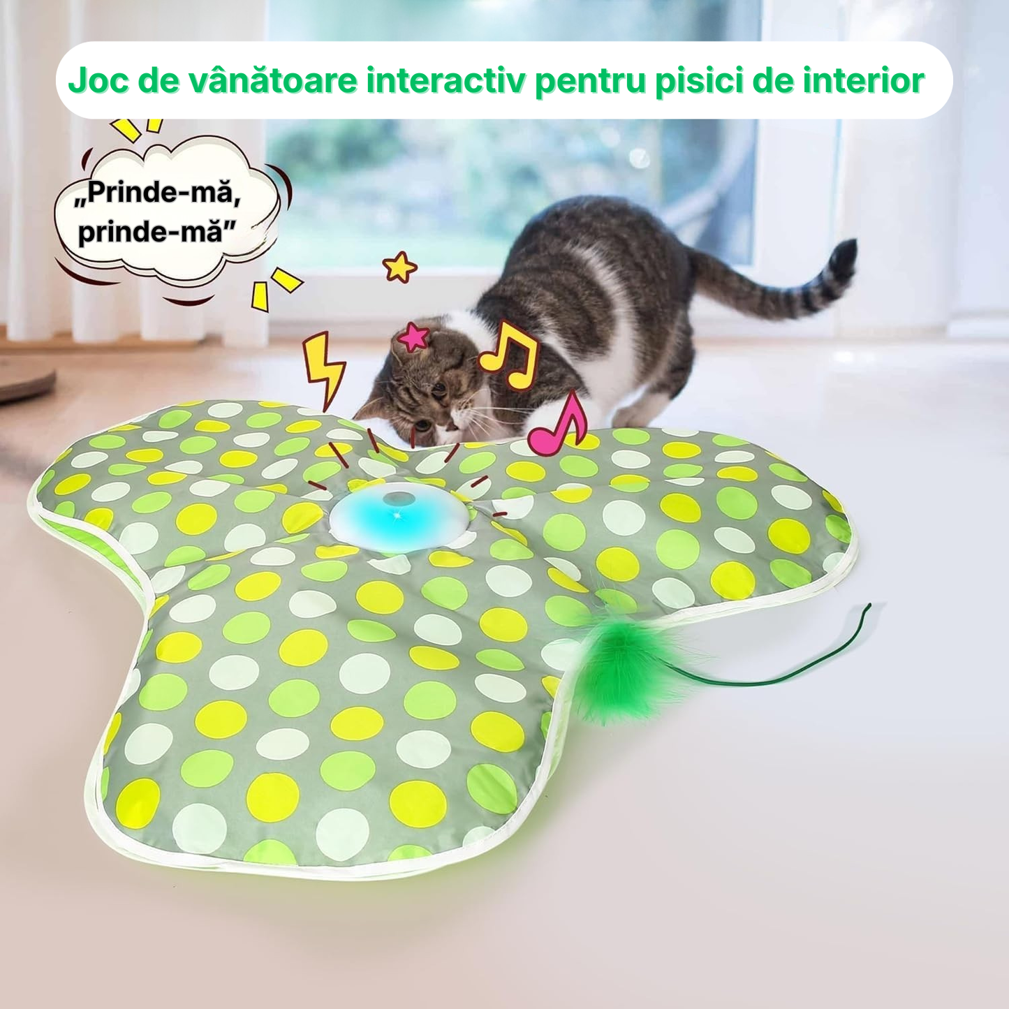 Jucărie Inteligentă pentru Pisici, Interactivă, 3 Moduri de Joacă, cu Sunet și Senzor de Mișcare, Smart, Reîncărcare USB, Atrage Atenția, Stimulază Instinctul Natural