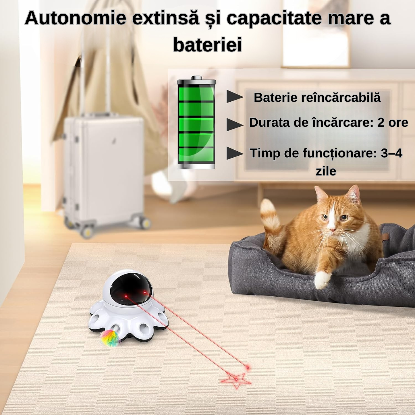 Jucărie Interactivă 2 în 1 pentru Pisici de Interior cu Laser Automat, Pene, Senzor Inteligent, USB‑C Reîncărcabilă, 1000 mAh