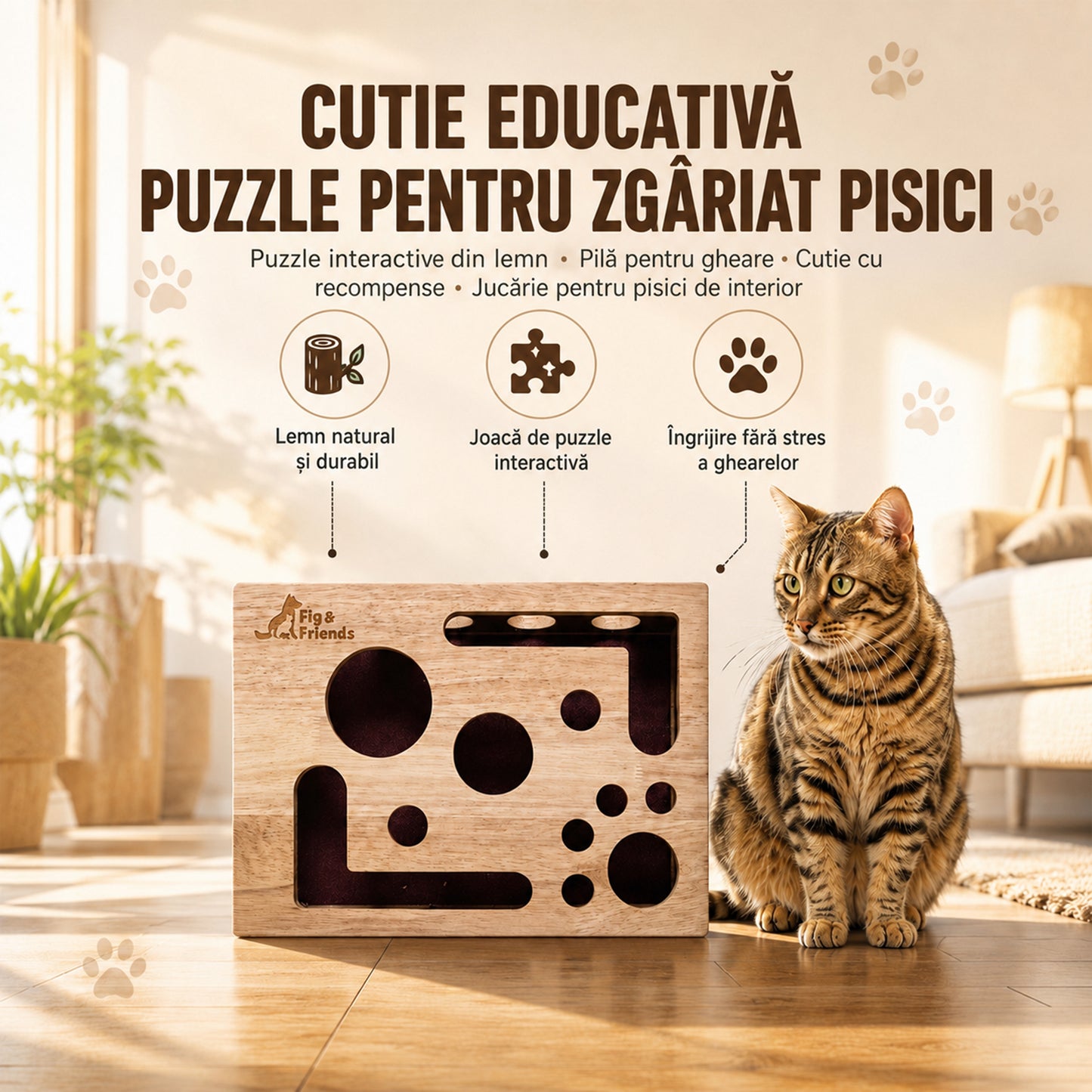 Jucărie 3 n 1 pentru Pisici – Pilă pentru Gheare, Puzzle pentru Recompense și Zonă de Zgâriat