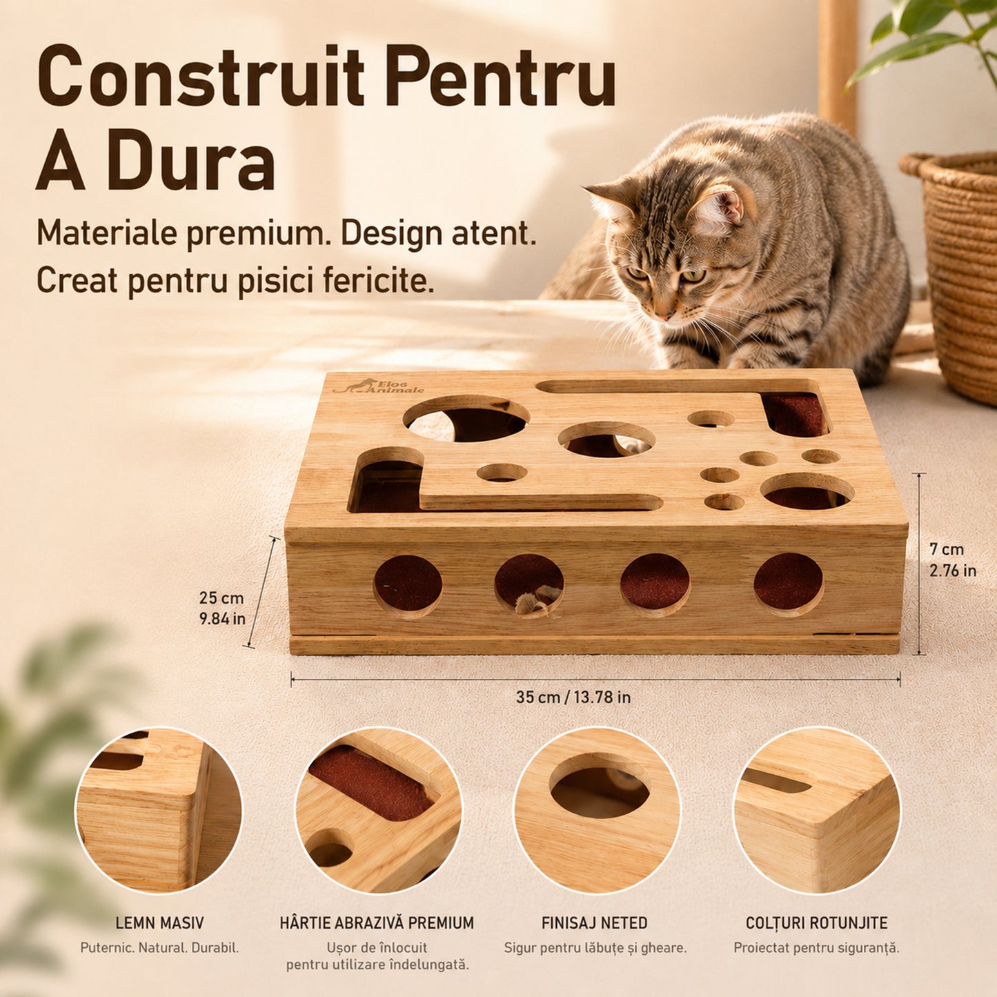 Jucărie 3 n 1 pentru Pisici – Pilă pentru Gheare, Puzzle pentru Recompense și Zonă de Zgâriat