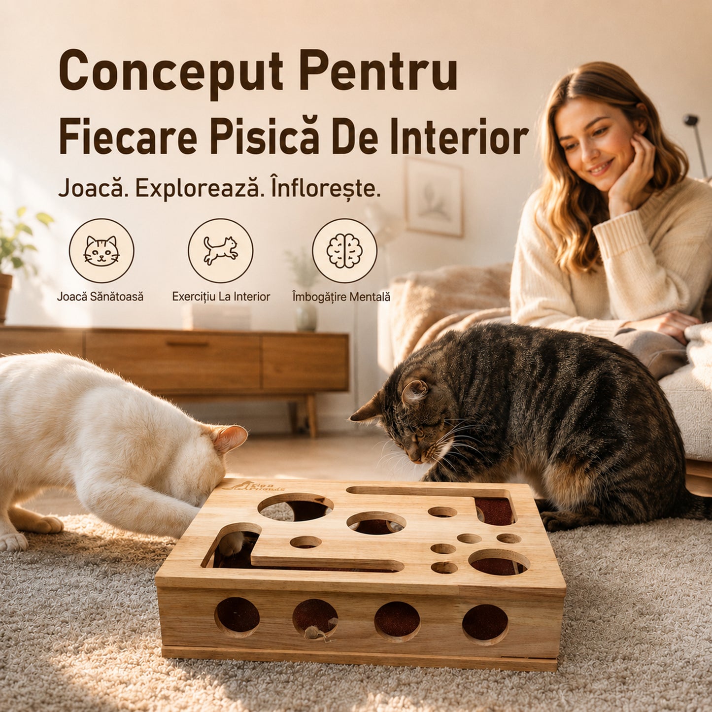 Jucărie 3 n 1 pentru Pisici – Pilă pentru Gheare, Puzzle pentru Recompense și Zonă de Zgâriat