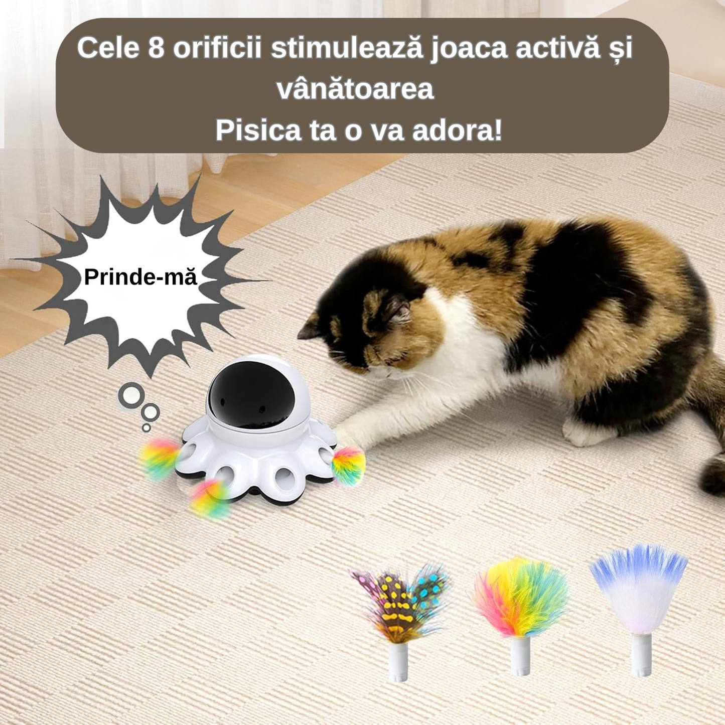 Jucărie Interactivă 2 în 1 pentru Pisici de Interior cu Laser Automat, Pene, Senzor Inteligent, USB‑C Reîncărcabilă, 1000 mAh