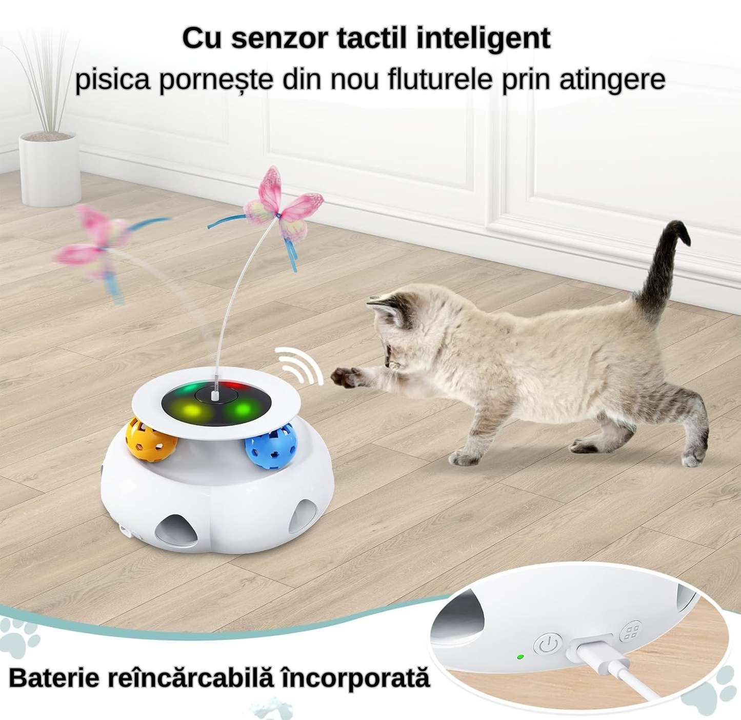 Jucărie Interactivă 3 în 1 pentru Pisici de Interior, cu Fluture Rotativ, Pană Surpriză și Mingi, Senzor Tactil, USB Reîncărcabilă, 1200 mAh