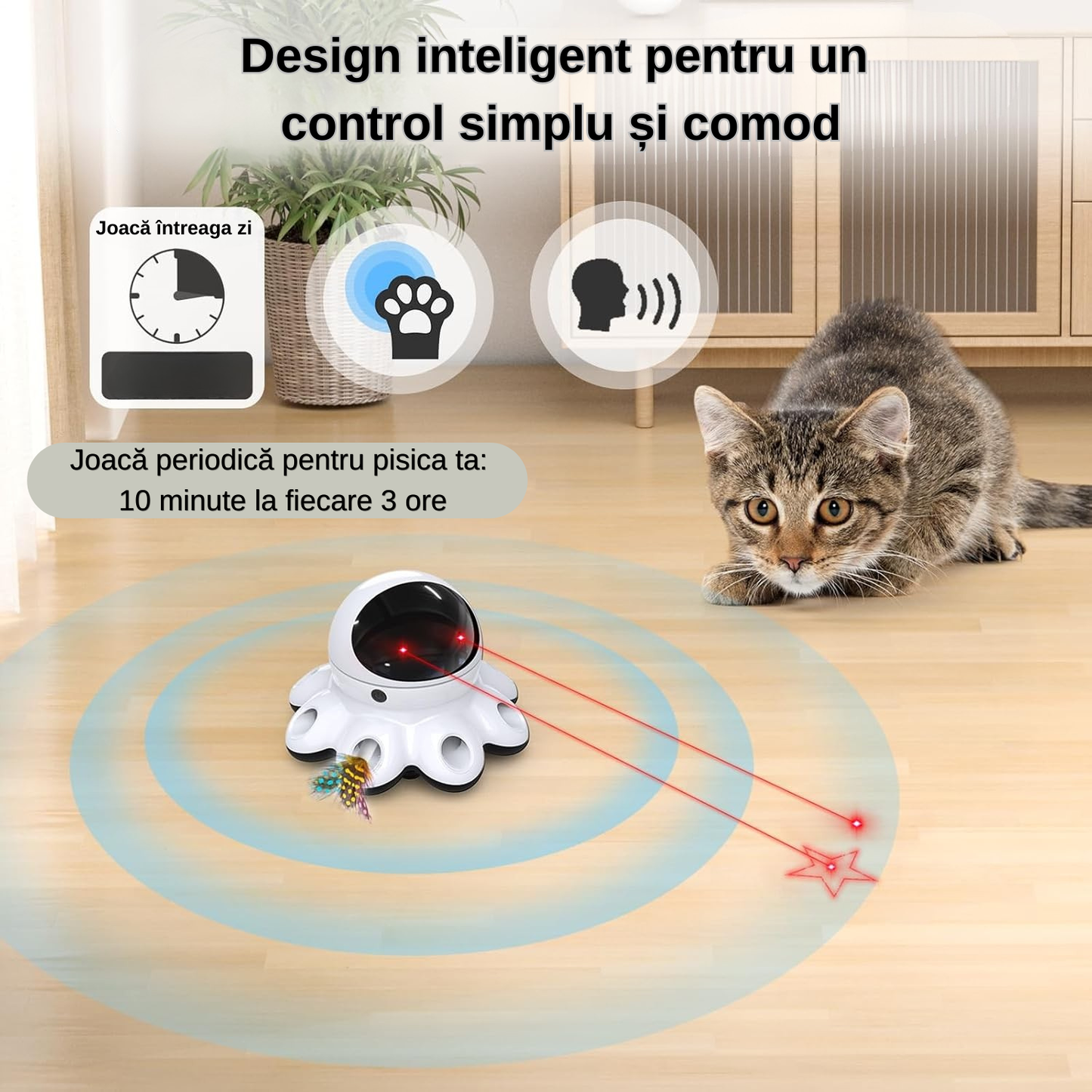Jucărie Interactivă 2 în 1 pentru Pisici de Interior cu Laser Automat, Pene, Senzor Inteligent, USB‑C Reîncărcabilă, 1000 mAh