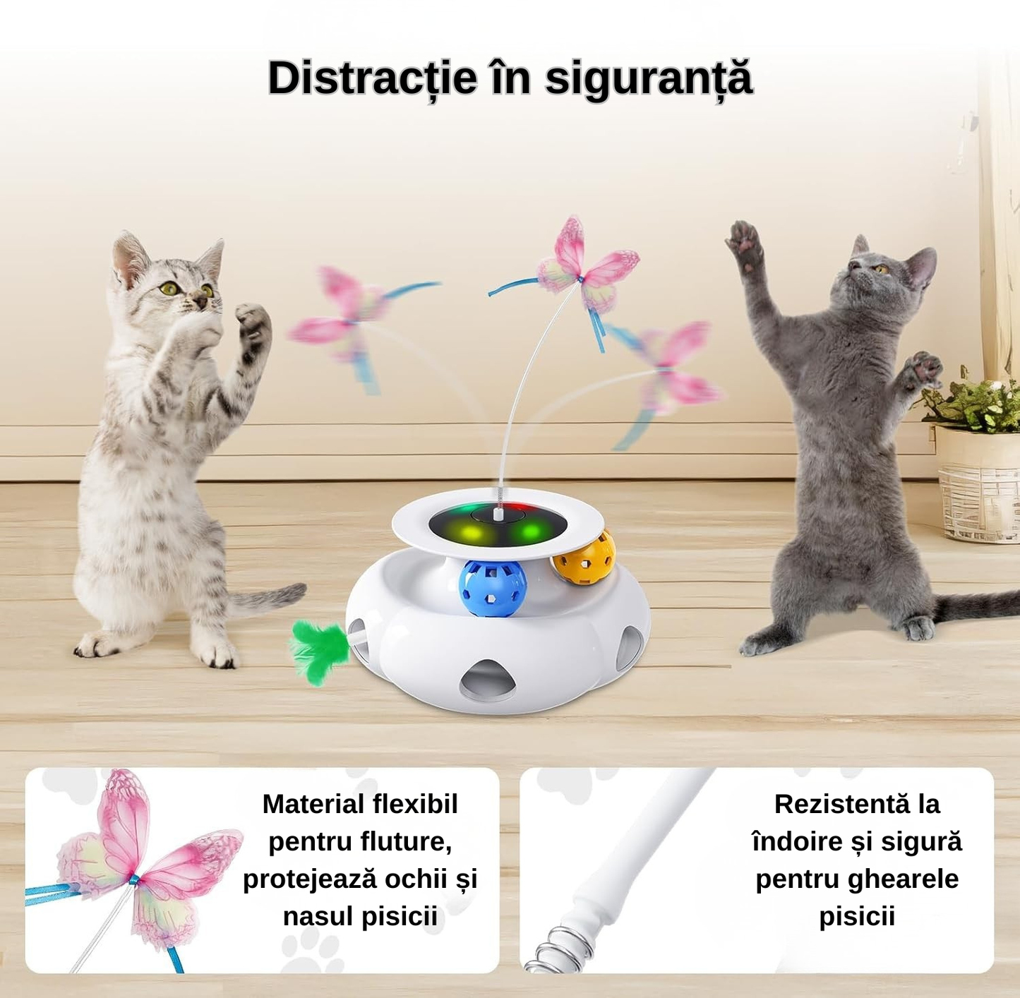 Jucărie Interactivă 3 în 1 pentru Pisici de Interior, cu Fluture Rotativ, Pană Surpriză și Mingi, Senzor Tactil, USB Reîncărcabilă, 1200 mAh