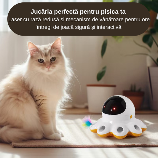 Jucărie Interactivă 2 în 1 pentru Pisici de Interior cu Laser Automat, Pene, Senzor Inteligent, USB‑C Reîncărcabilă, 1000 mAh