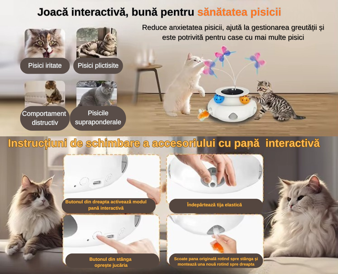 Jucărie Interactivă 3 în 1 pentru Pisici de Interior, cu Fluture Rotativ, Pană Surpriză și Mingi, Senzor Tactil, USB Reîncărcabilă, 1200 mAh