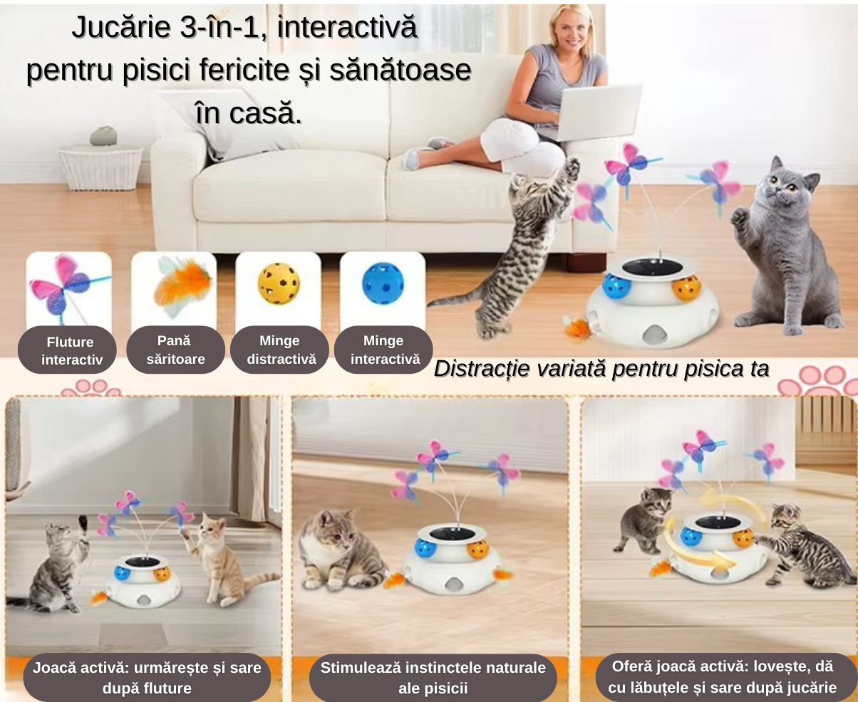 Jucărie Interactivă 3 în 1 pentru Pisici de Interior, cu Fluture Rotativ, Pană Surpriză și Mingi, Senzor Tactil, USB Reîncărcabilă, 1200 mAh