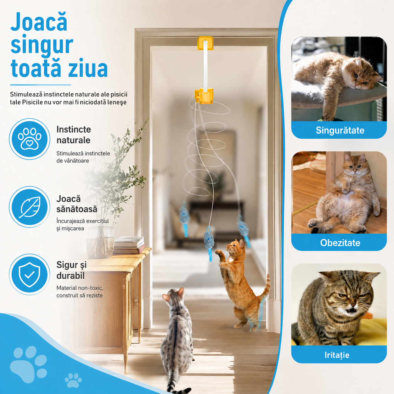 Jucărie Interactivă Electrică pentru Pisici cu Prindere pe Ușă – Jucărie Suspendată cu 2 Moduri de Mișcare (Oscilare și Rotire), Control prin Telecomandă