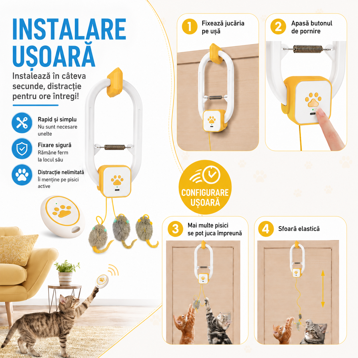 Jucărie Interactivă Electrică pentru Pisici cu Prindere pe Ușă – Jucărie Suspendată cu 2 Moduri de Mișcare (Oscilare și Rotire), Control prin Telecomandă