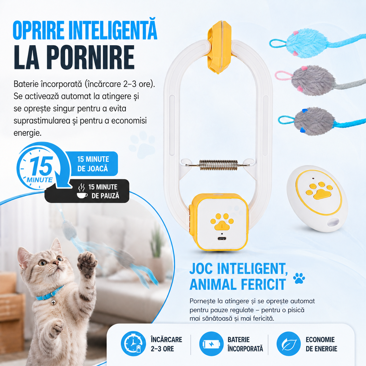 Jucărie Interactivă Electrică pentru Pisici cu Prindere pe Ușă – Jucărie Suspendată cu 2 Moduri de Mișcare (Oscilare și Rotire), Control prin Telecomandă