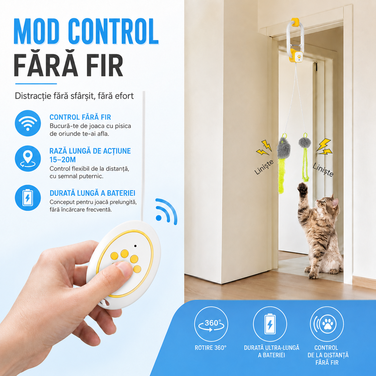 Jucărie Interactivă Electrică pentru Pisici cu Prindere pe Ușă – Jucărie Suspendată cu 2 Moduri de Mișcare (Oscilare și Rotire), Control prin Telecomandă