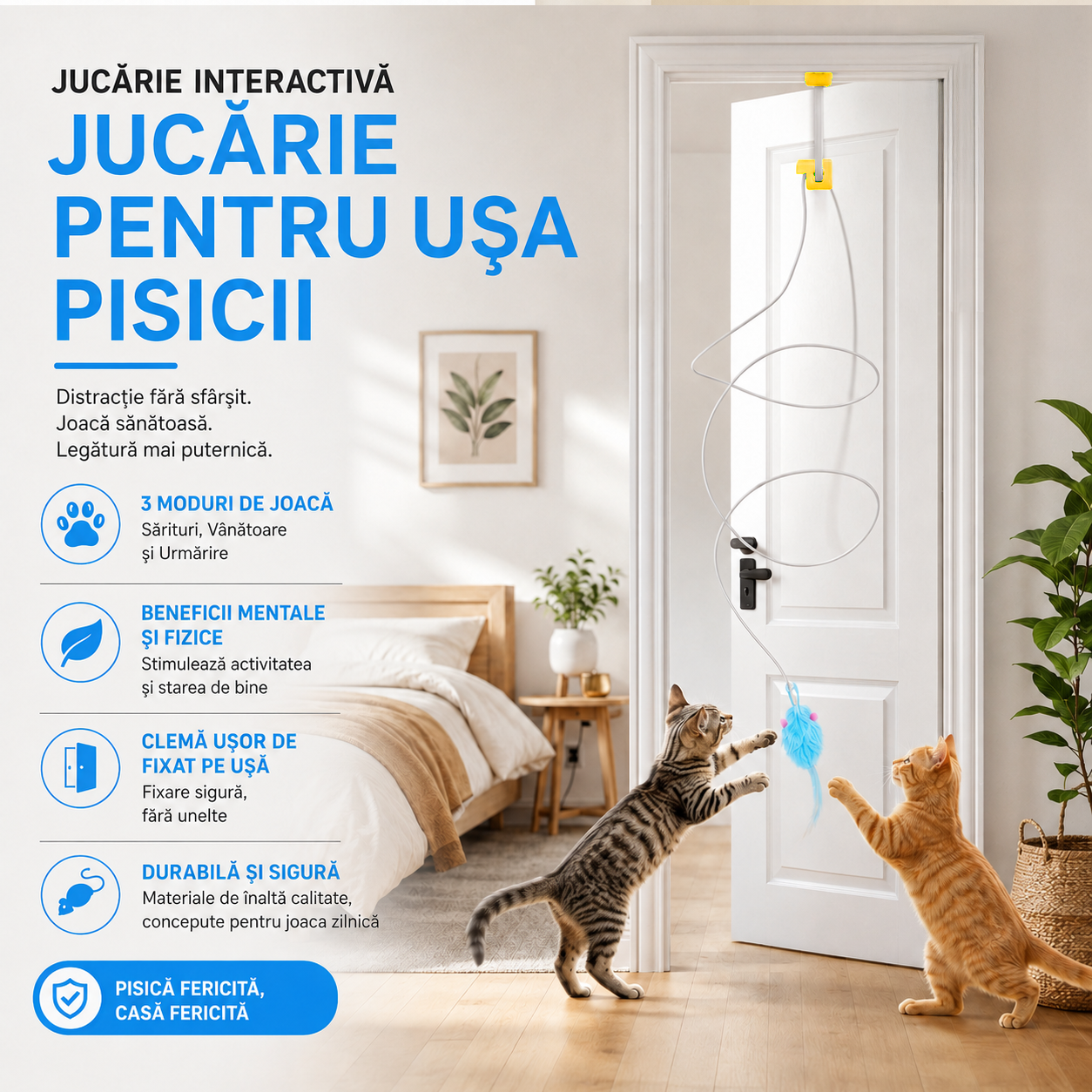 Jucărie Interactivă Electrică pentru Pisici cu Prindere pe Ușă – Jucărie Suspendată cu 2 Moduri de Mișcare (Oscilare și Rotire), Control prin Telecomandă