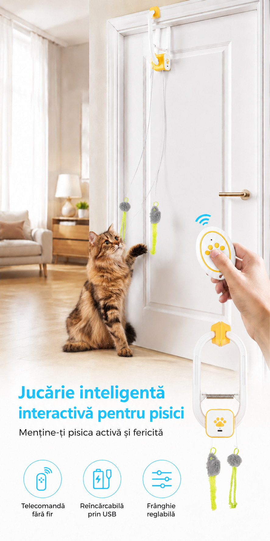 Jucărie Interactivă Electrică pentru Pisici cu Prindere pe Ușă – Jucărie Suspendată cu 2 Moduri de Mișcare (Oscilare și Rotire), Control prin Telecomandă