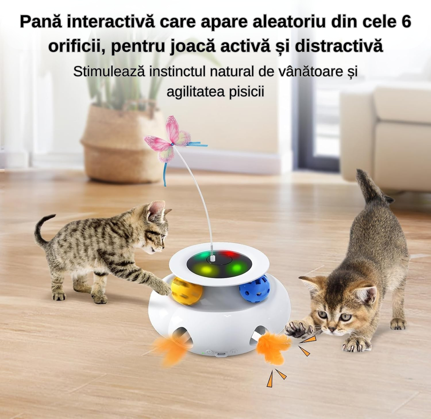 Jucărie Interactivă 3 în 1 pentru Pisici de Interior, cu Fluture Rotativ, Pană Surpriză și Mingi, Senzor Tactil, USB Reîncărcabilă, 1200 mAh