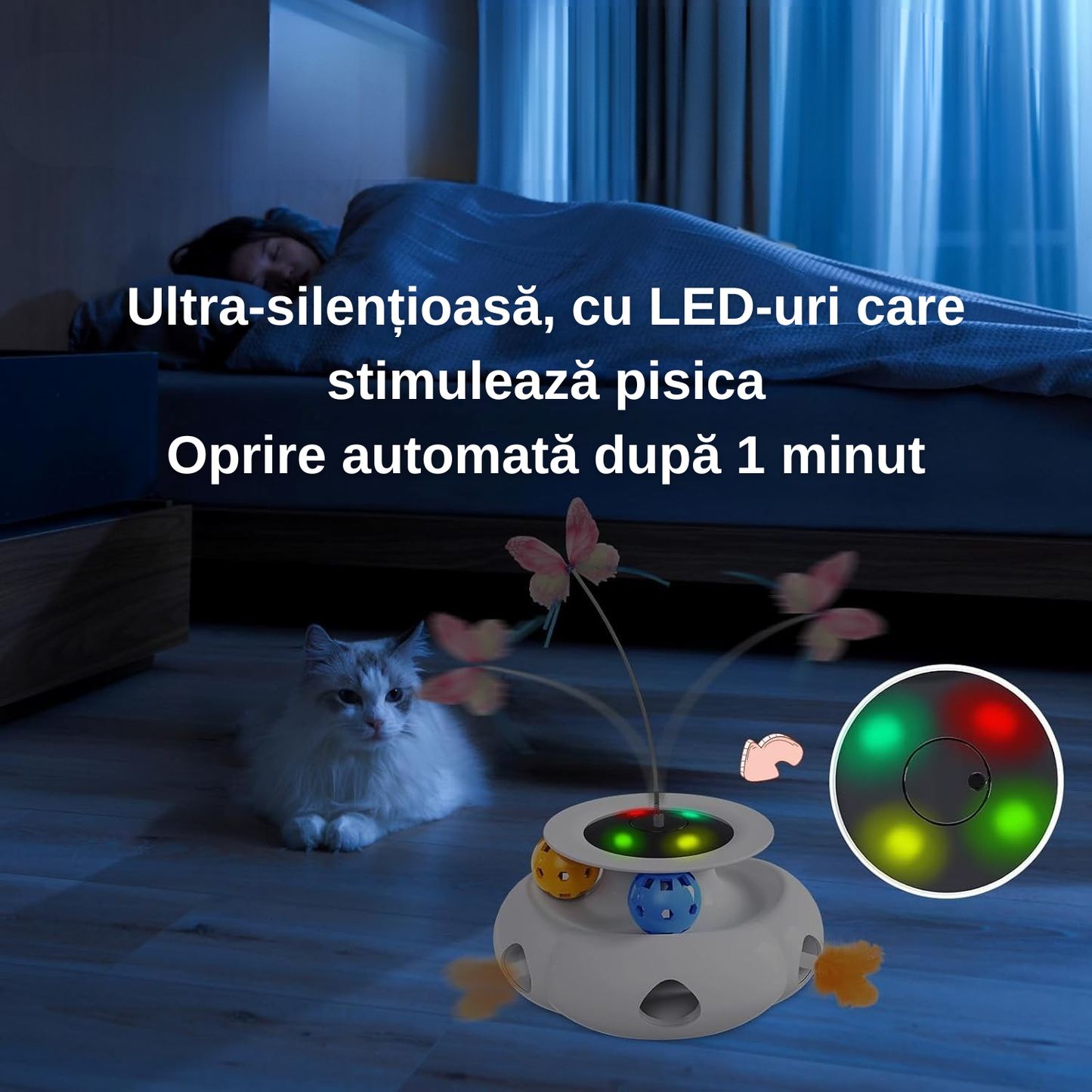 Jucărie Interactivă 3 în 1 pentru Pisici de Interior, cu Fluture Rotativ, Pană Surpriză și Mingi, Senzor Tactil, USB Reîncărcabilă, 1200 mAh