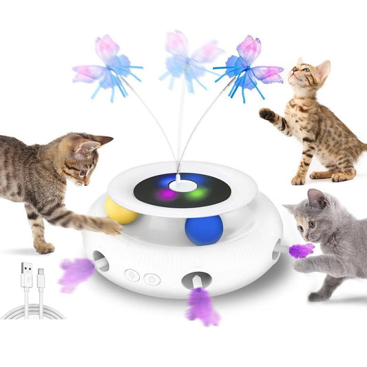 Jucărie Interactivă 3 în 1 pentru Pisici de Interior, cu Fluture Rotativ, Pană Surpriză și Mingi, Senzor Tactil, USB Reîncărcabilă, 1200 mAh