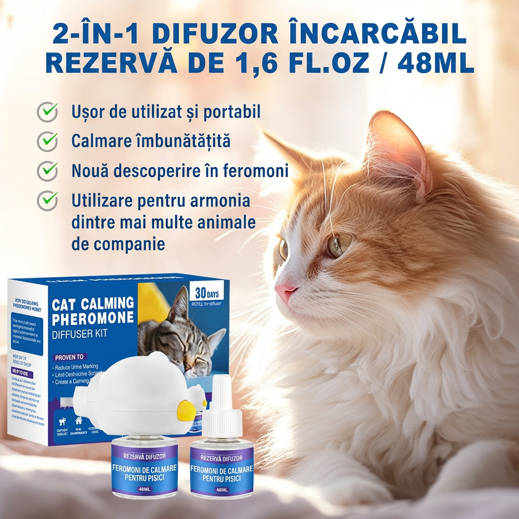 Kit Calmant Anti-Stres pentru Pisici – Difuzor cu 2 Rezerve Incluse