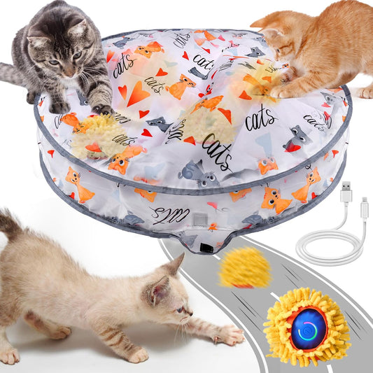 Jucărie interactivă 2 în 1 pentru pisici de interior, cu minge smart și covoraș de vânătoare 70 cm. Type-C, 2 moduri de joacă, ideală împotriva plictiselii.